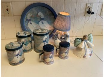 Vintage Metal Winter Geese Duck Canisters Blue With Lids, Salt And Pepper, Lamp, Tray Etc