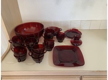 Vintage Mid Century Royal Ruby Red Glass Punch Bowl Set With Cups And Plates
