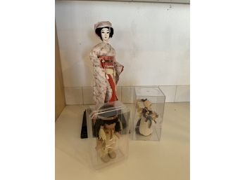 Vintage Japanese Geisha Doll,  Precious Moments Native American Doll,  Corn Husk Doll