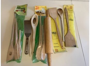 Lots Of Wood Spoons, Many Unopened, Wood Rolling Pin, Spatula