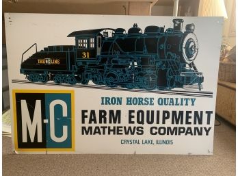 Large Farm Equipment Mathews Co Metal Tin Sign With Train