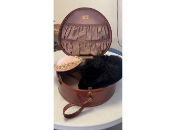 Vintage Leather Hat Box And 2 Vintage Hats