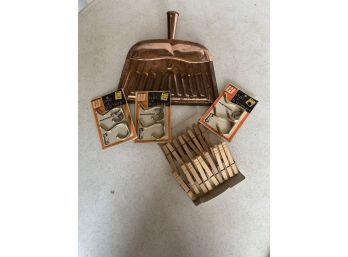 Vintage Dust Pan, Wood Clothspins,  Coat Hooks