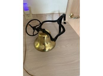 Brass Toned Bell With Leather Pull Strap And Mounting Bracket  Dinner Bell