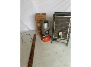 Vintage Kamplite Kooklite Lantern Stove Model KL-2 In One Cooking Lantern With Box & Coleman Propane Heater