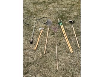 Lot Of Outdoor Tools Shovels, Post Hole Digger, Hatchet, Flame Thrower Nozzle