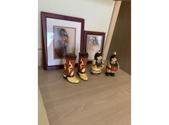 Boot Candles, Framed Native American Prints  & Figurines