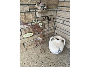 Outdoor Southwest Style Decor Incl Welcome Sign And Pot.  Also Two Smaller Shepard's Hooks