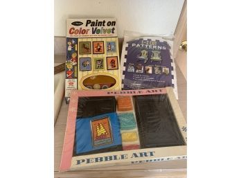 3 Craft Kits Incl Pebble Art,  Paint On Velvet & Childs Rocking Chair Pattern