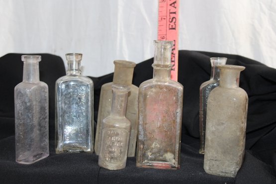 Vintage 7 Small Medicine Bottles,  Thurston, Foss, Singer, Baker's , Hoyt Etc  Various Top Styles 4-6 Inches