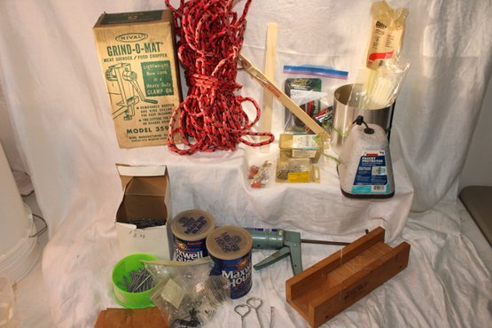 Box Lot Of Hardware, Tools, Rope, Flashing, Underlayment Nails, Deck Screws, Large& Small Zip Ties, Mitre Box