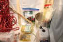 Box Lot Of Hardware, Tools, Rope, Flashing, Underlayment Nails, Deck Screws, Large& Small Zip Ties, Mitre Box