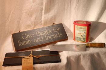Lot Tin Advertising Can,cleaver, Italian Footed Slate Board Handcrafted Signed Wisconsin Loving Wall Hanging