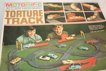 Vintage Motorific Alcan Highway Torture Track - 2 Car Frames, 4 Bodies, Lots Of Track & Signs