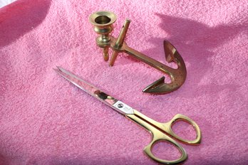 Sleek Brass  Scissors Made In Italy With Mark, & Unique  Desktop Brass Anchor Candle Holder