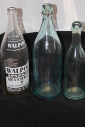 Vintage  Set Of 3  Bottles - Local  Walpole  Massachusetts Beverage And Two Blown Pale Blue Glass Bottles