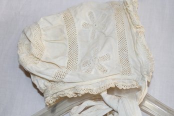 Vintage Antique Beautiful Christening Outfit - 42 Inches Long ! Ornate Lacy Bonnet,ties & Buttons,  Some Age