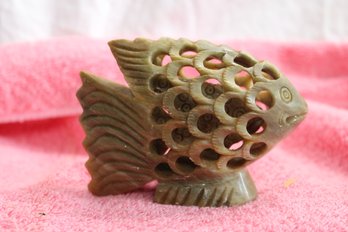 Carved Stone Fish With A Carved Baby Fish Inside It, Appears To Be Only One Piece Of Rock  - Very Cool  3x3x2
