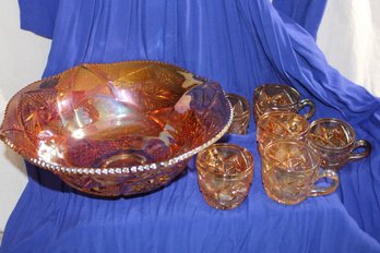 Vintage Amber Carnival Glass 'sunburst' Style Punch Or Fruit Bowl  & 6  Cups With Handles