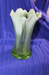 Vintage Green  Jefferson Type Depression Glass Vase With Art Deco Pattern At Base  7'