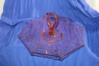 Vintage  Pink Octagon Depression Glass Etched Cookie Hors D'oeurve / Sandwich Tray With Tall Grab-able Handle