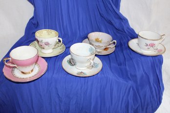 Vintage 5 Tea Cups Saucers - Gilted Bone China-SPENCER Stevenson, Sutherland, Royal Grafton, And DUTCHESS