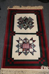 Area Rug  24' X 4 Feet -  Red, White, Blue And Green  -  Quilt Like Or Folk Art Design  Minimal Texture
