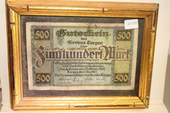 Coins -Circulated - 1922 German 500 Mark Bill, Framed.