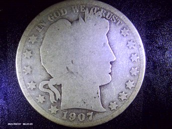 Coins-Circulated -1907 O Silver  Barber Half Dollar - Worn