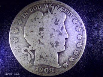 Coins-Circulated -1908   Silver  'O' Mint Mark  Barber Half Dollar - Worn