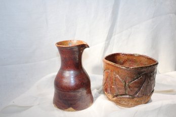 2 Brown Ceramic Pieces, Bowl And Small Pitcher, One Signed