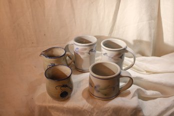 3 Ceramic Mugs And Creamer/ Sugar Blues And Grays , All Stamped Or Signed