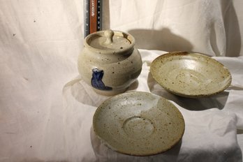 4 Pieces Of Stoneware Signed Or Stamped - Lidded Bowl, Plates