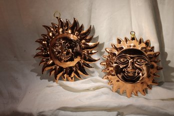 2  Happy Metal Copper Colored Sun Shiney Face Wall Hangings