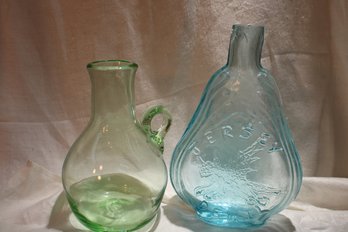 Lot Of 2 Green And Blue Glass, Vase , Bottle