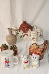 Vintage Mini Ceramic Pitcher Signed, Cool Grampa Coffee Cup With Lid, 3 Pair Salt & Pepper Shakers, Seasonal