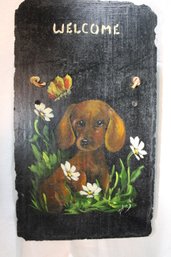 Handpainted Folkart Slate Tile: Welcoming Dog- Look At His Eyes- He Really Wants Your Company 16x9
