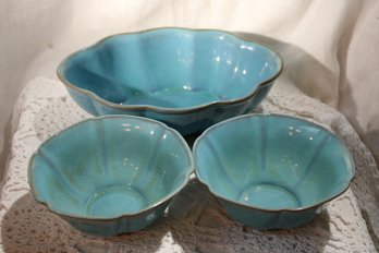3 Stonewear Handmade Ceramic Bowls - Blue / Olive Combo, All Signed, Calming Combo