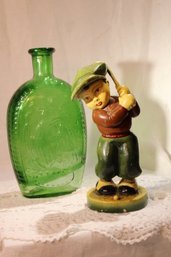 Vintage Wheaton Presidents Glass Flask  And Vintage Green Golf Statue