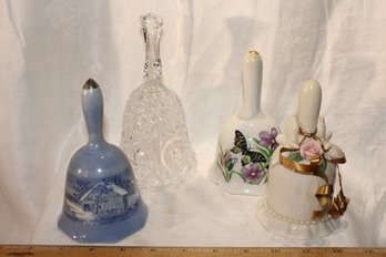 4 Ceramic, Porcelain Bells,glass With Chained Clapper, Wedding Bell With Doves, Blue Winter Scene & Flowers