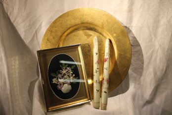 Lot Of Gold Platter, 2 Porcelain Fake Ornate Gilded Candles, And Small Framed Art Made From Seashells