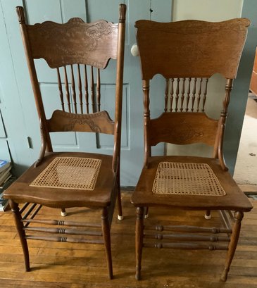 2  Oak Press Back Cane Seat Side Chairs