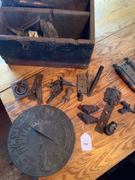 Box Lot Of Iron/brass Objects, Sun Dial, Hinges, Pulls, Etc.