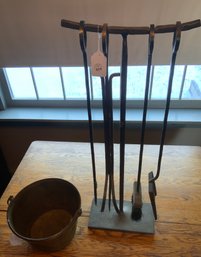 Lot Of Fireplace Tools & Small Brass Bucket