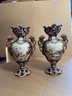 Pair Majolica Style Foliate Porcelain Vases, Landscape Reserves