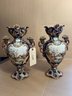 Pair Majolica Style Foliate Porcelain Vases, Landscape Reserves