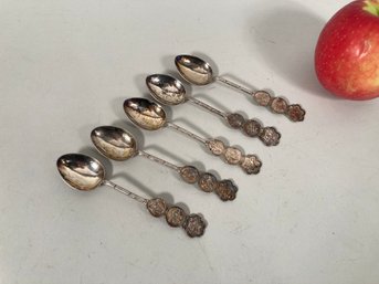 Set Five Chinese 900 Silver Medallion Tea Spoons