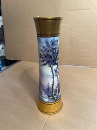 Austrian Porcelain Tall Cylindrical Gilt Banded Vase, Landscape Scene
