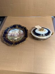 Two Estate Cobalt And Gilt Porcelain Items, Charger & Covered Dish