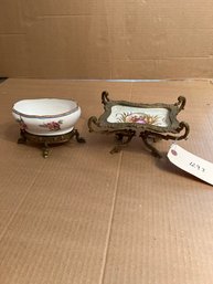 Two French Painted Porcelain Brass Mounted Containers